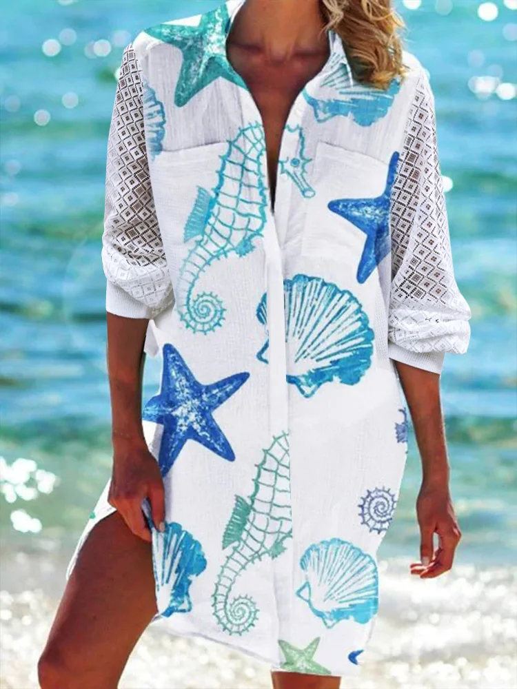 Casual Marine Life Natural Loose Shirt Dress