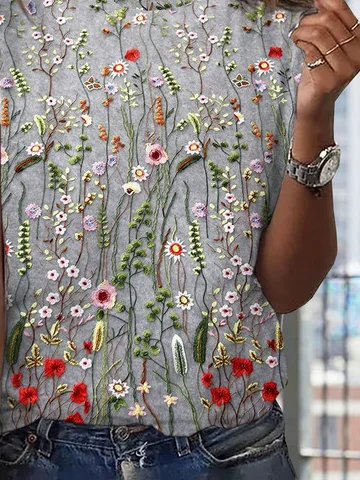 Floral Printed Casual Loose Crew Neck Jersey T-Shirt