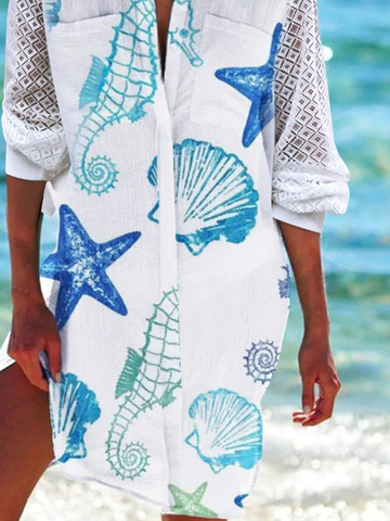 Casual Marine Life Natural Loose Shirt Dress