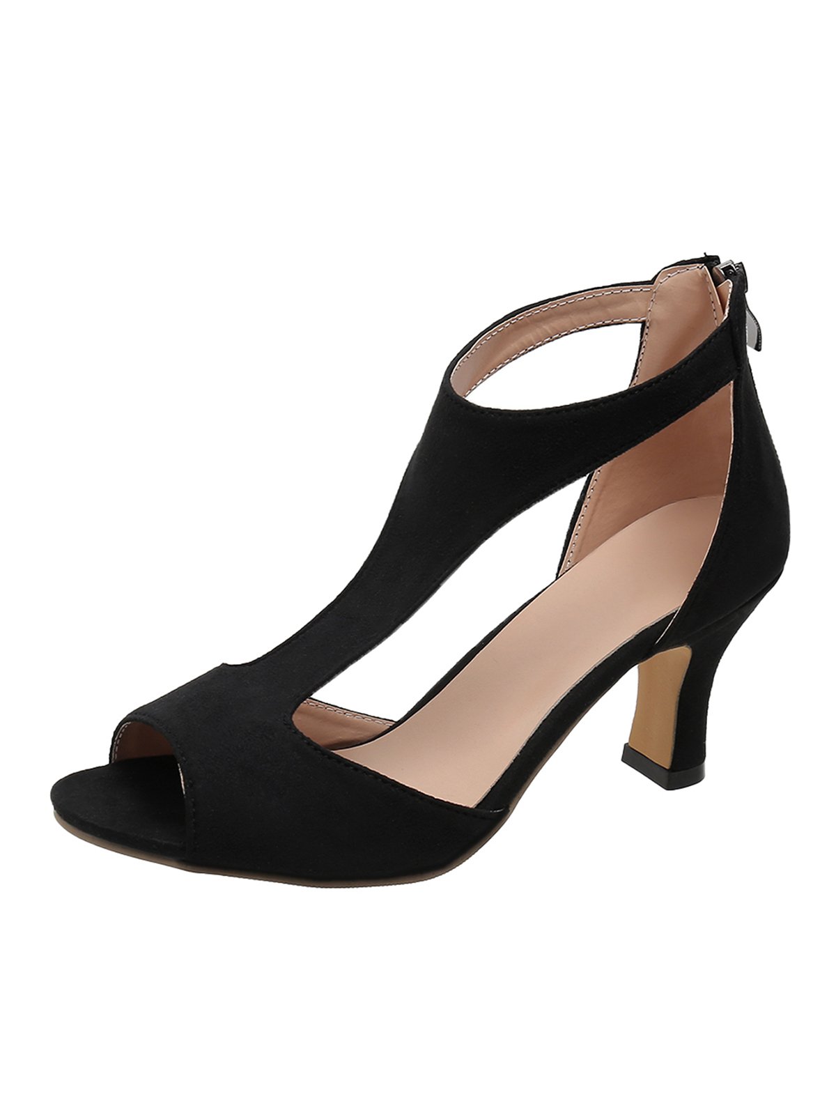 Black Suede Cutout Strap Peep Toe Mid Heel Sandals