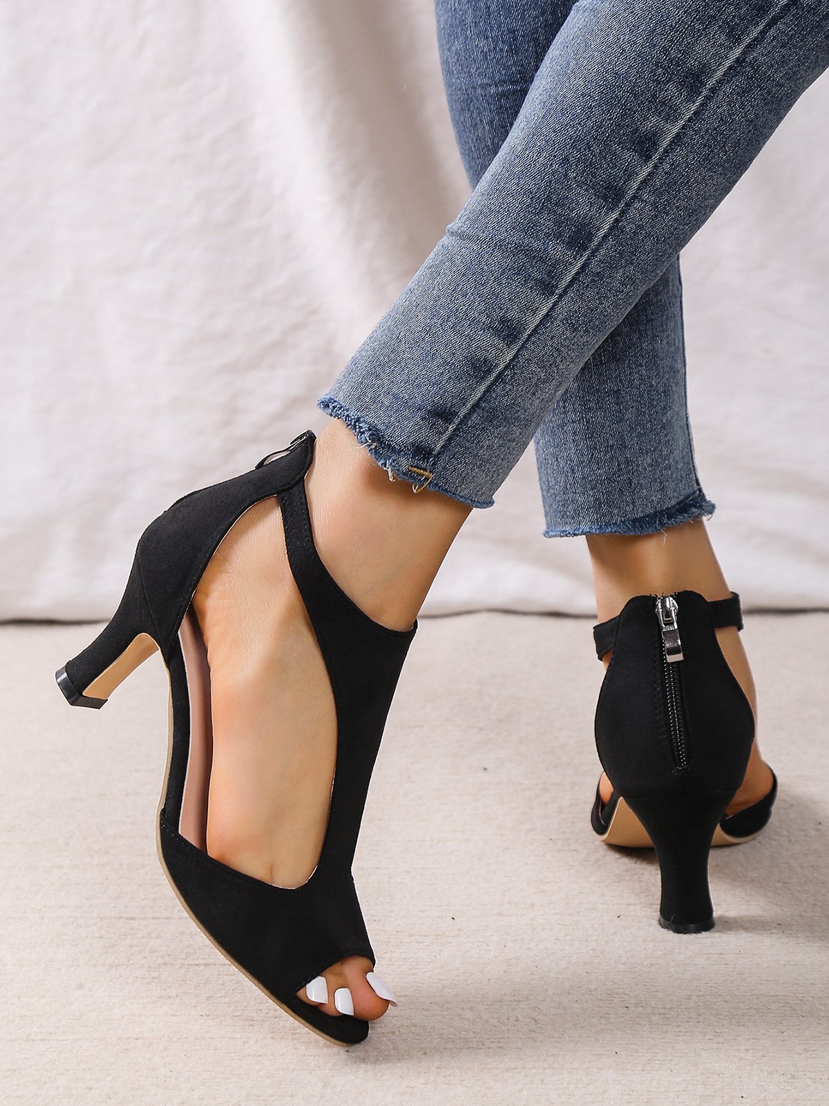 Black Suede Cutout Strap Peep Toe Mid Heel Sandals