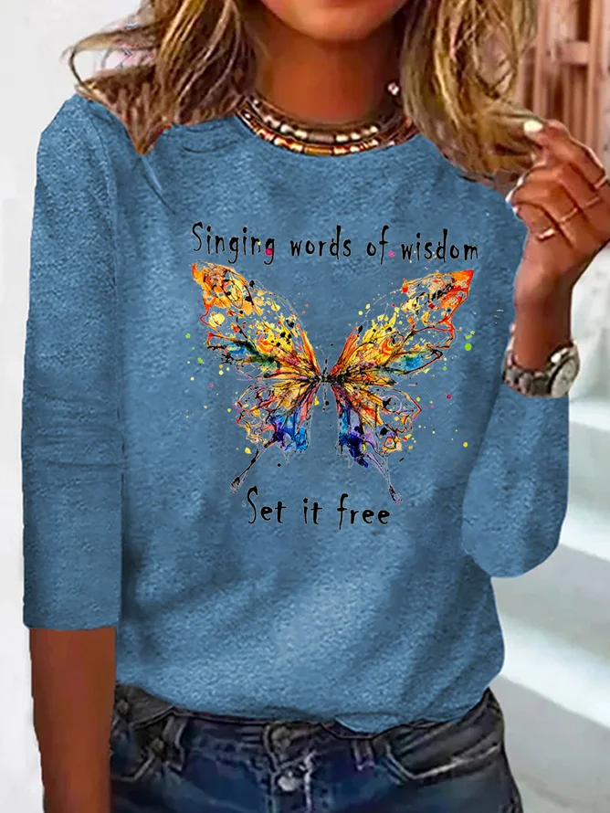 Butterfly Logo Long Sleeve Loose Crew Neck Casual T-Shirt