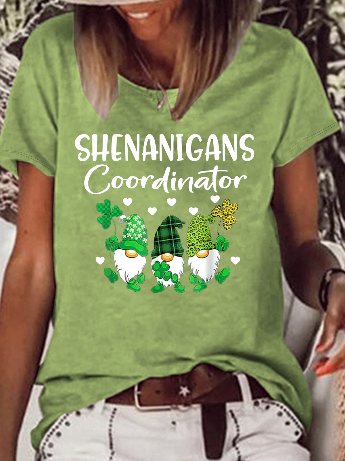 Women‘s Shenanigans Coordinator St Patricks Day Gnomes Crew Neck Casual Letters T-Shirt