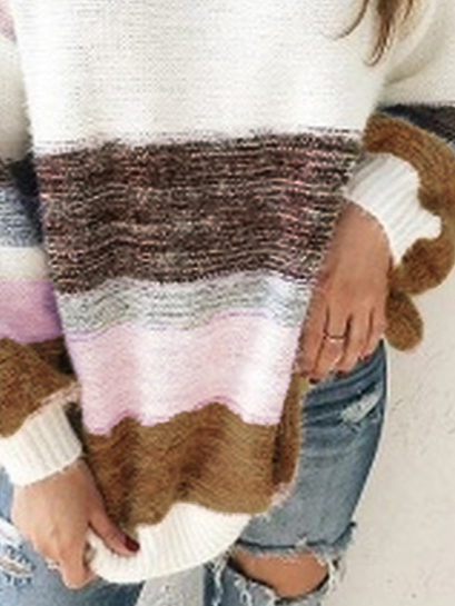Plus Size Vintage Multicolor Striped Long Sleeve Crew Neck Casual Sweater