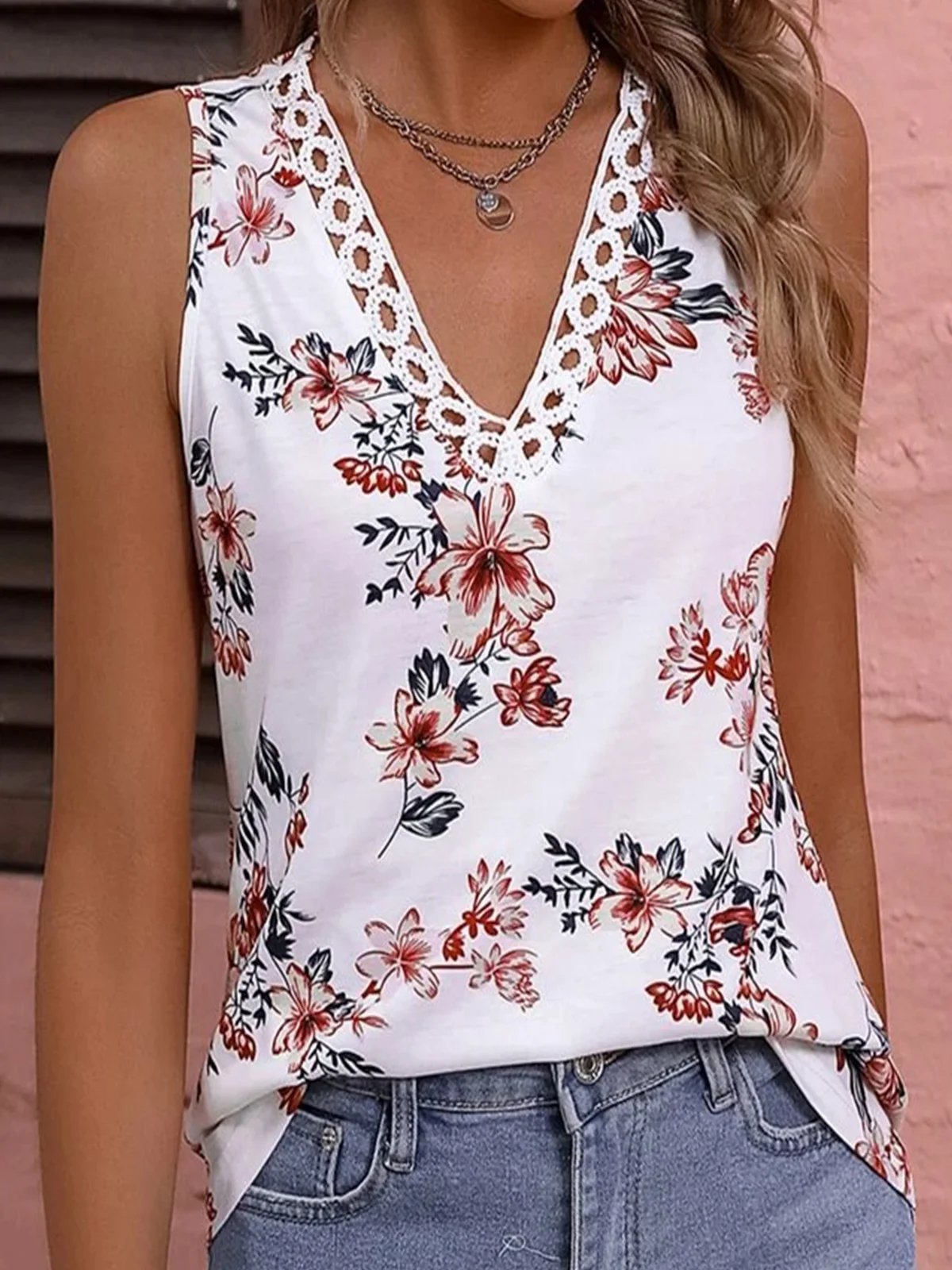 Floral Lace Edge V Neck Casual Tunic Tank Top