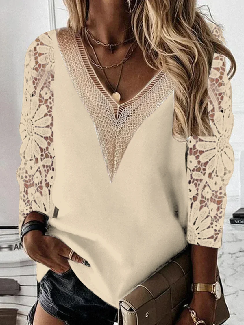 V Neck Plain Casual Top Shirts With Cut-out Floral Lace Patchwork Sleeves