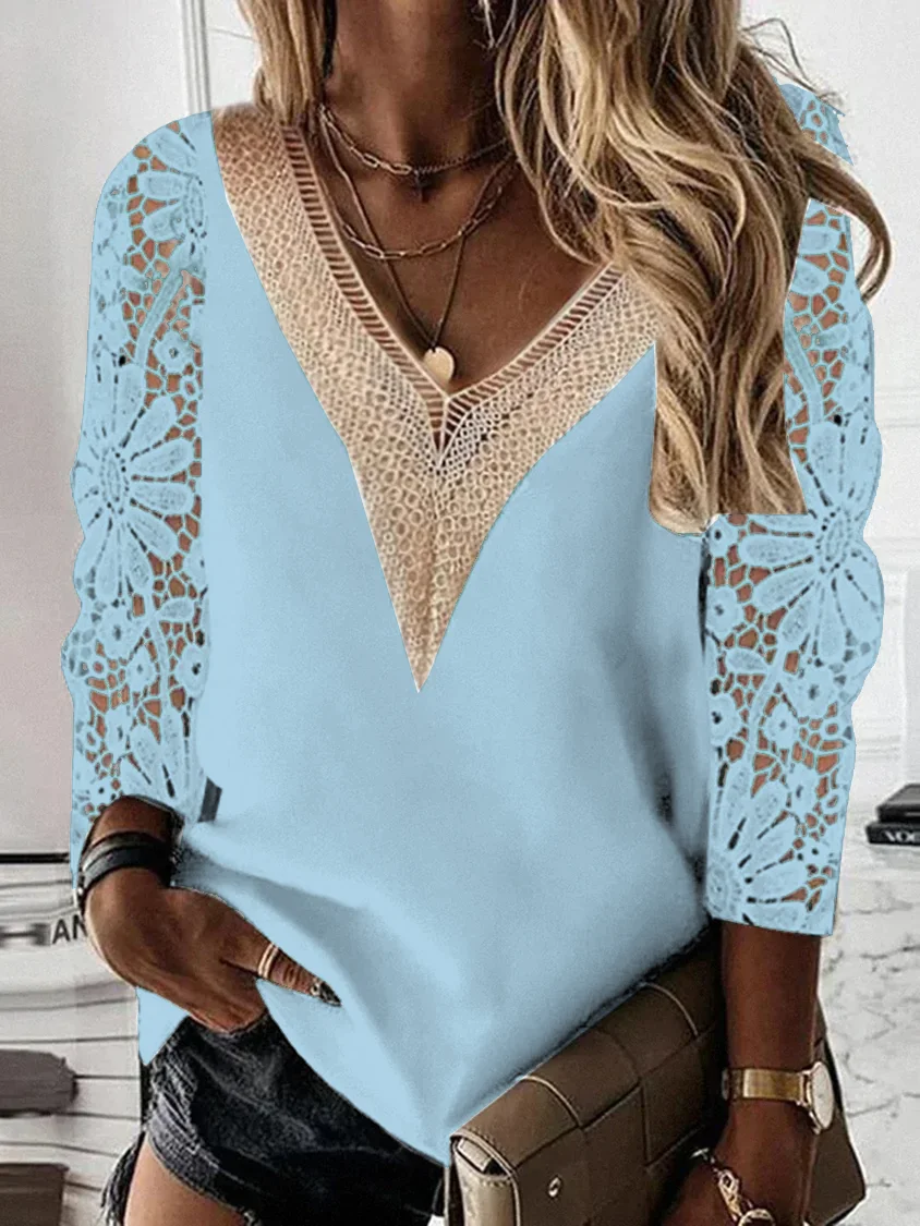 V Neck Plain Casual Top Shirts With Cut-out Floral Lace Patchwork Sleeves