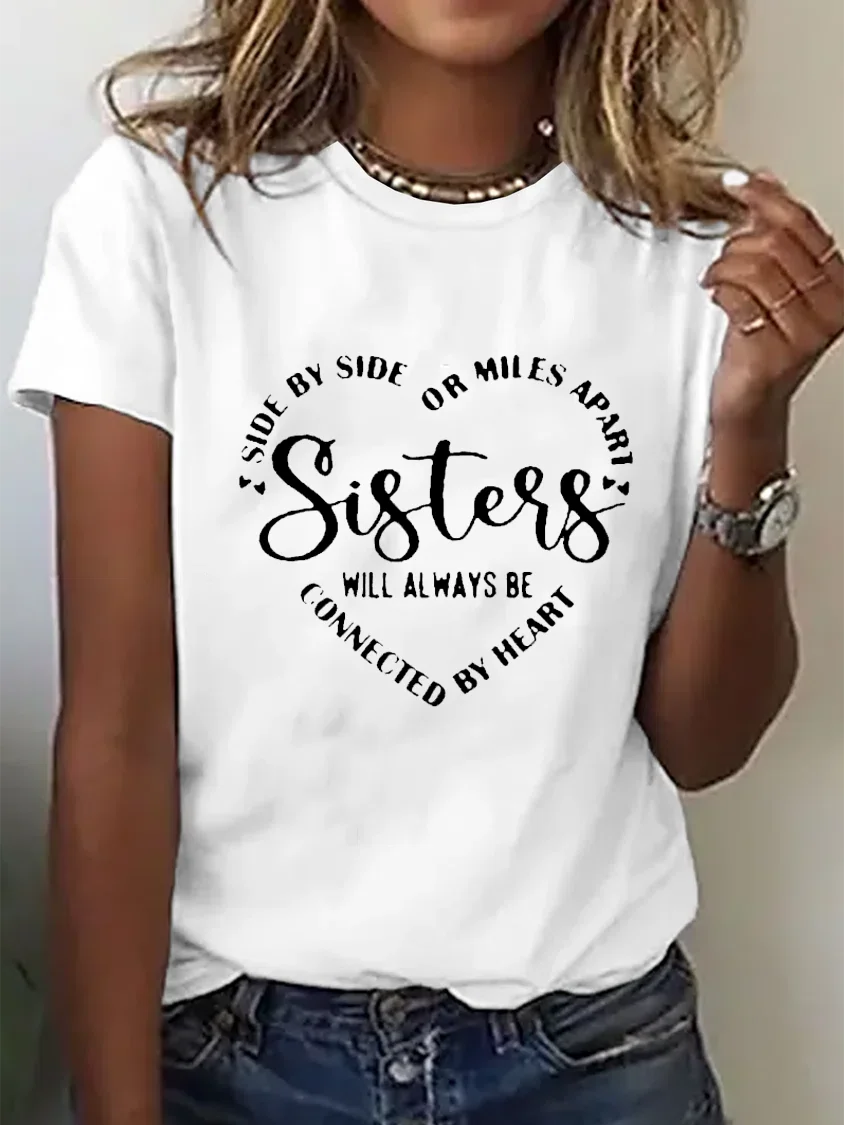 Sisters Text Letters Casual Crew Neck Short Sleeve Lightweight Loose T-Shirt