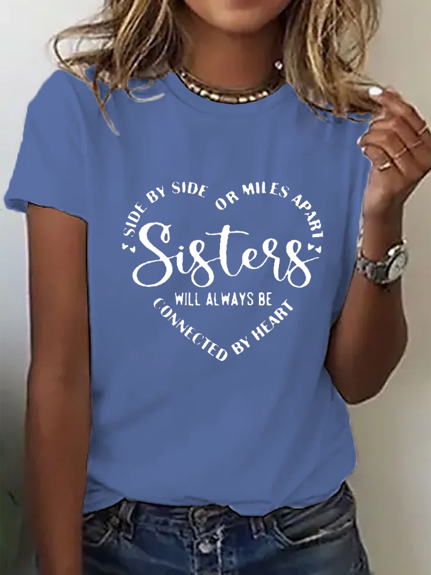 Sisters Text Letters Casual Crew Neck Short Sleeve Lightweight Loose T-Shirt