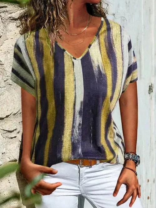 Striped V Neck H-Line Basic Shift V Neck Short Sleeve T-shirt