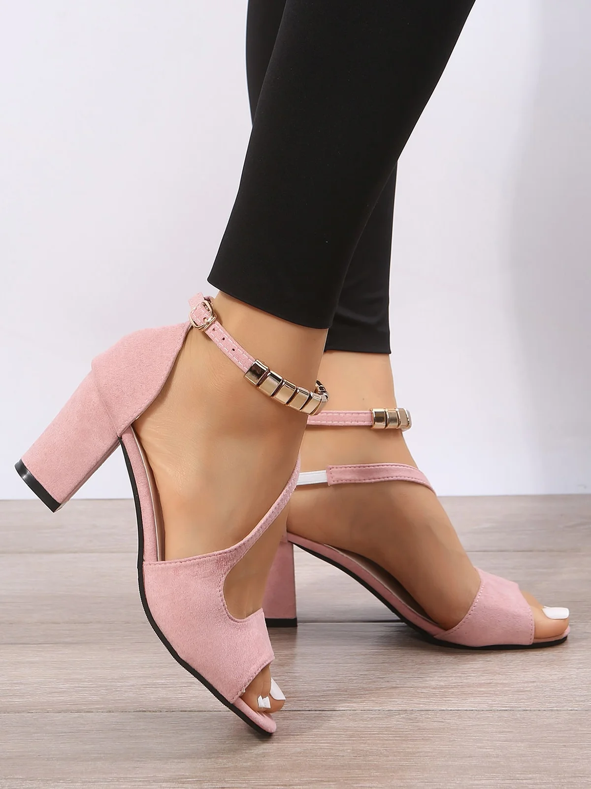 Beads Decor Chunky Heel Ankle Strap Sandals