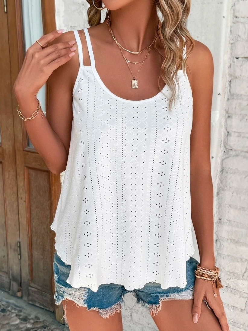 Plain Solid A-Line Tank Casual Eyelet Embroidery Cami