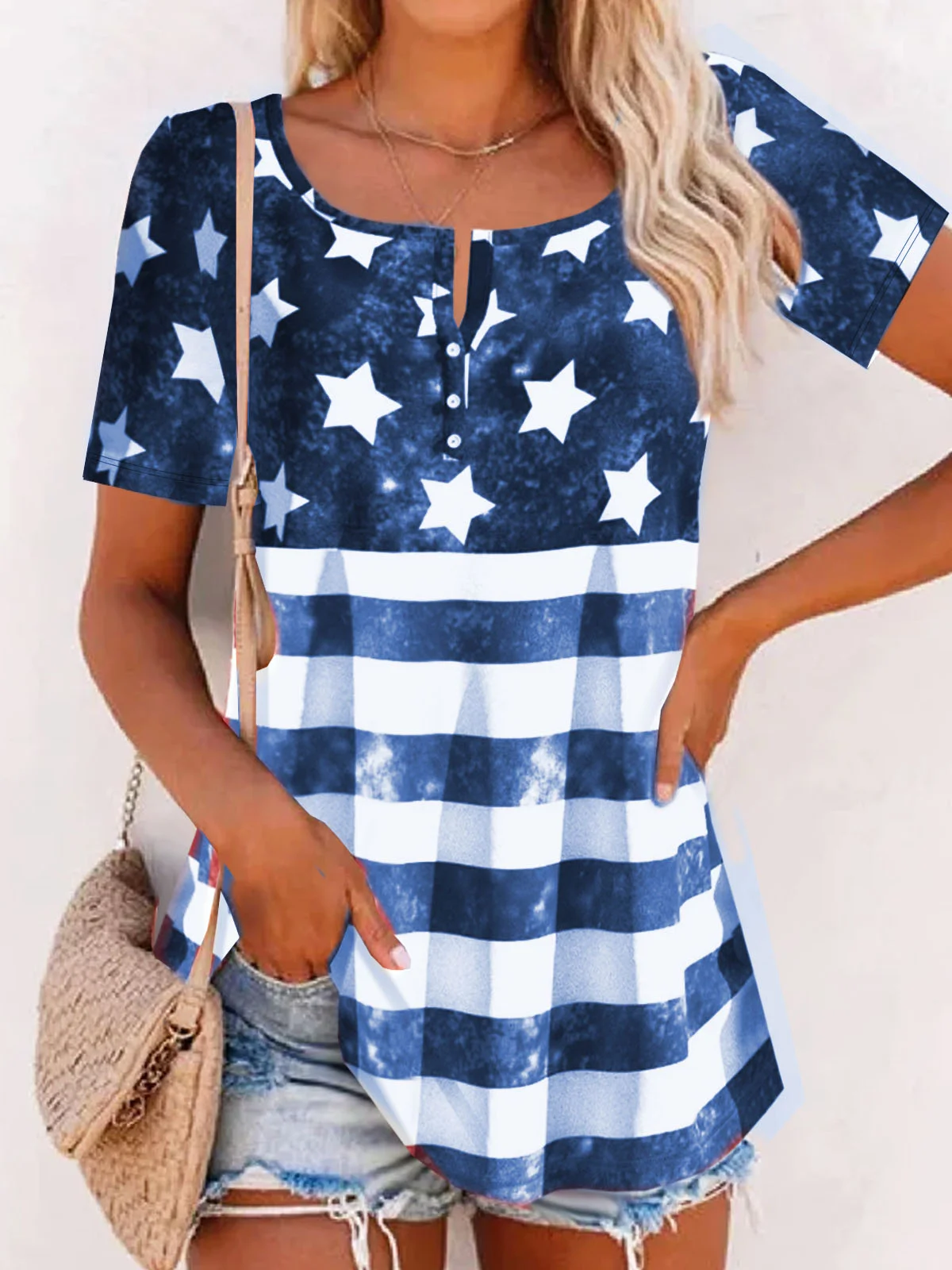 America Flag Striped Printed Buckle Casual Jersey Tunic Independence Day T-Shirt
