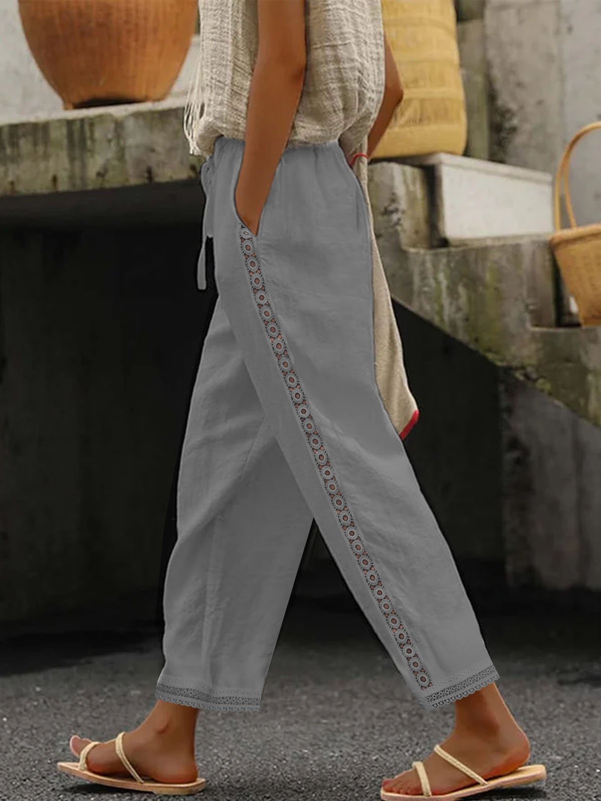 Casual Plain Lace-Up Patchwork lace Cotton Pants