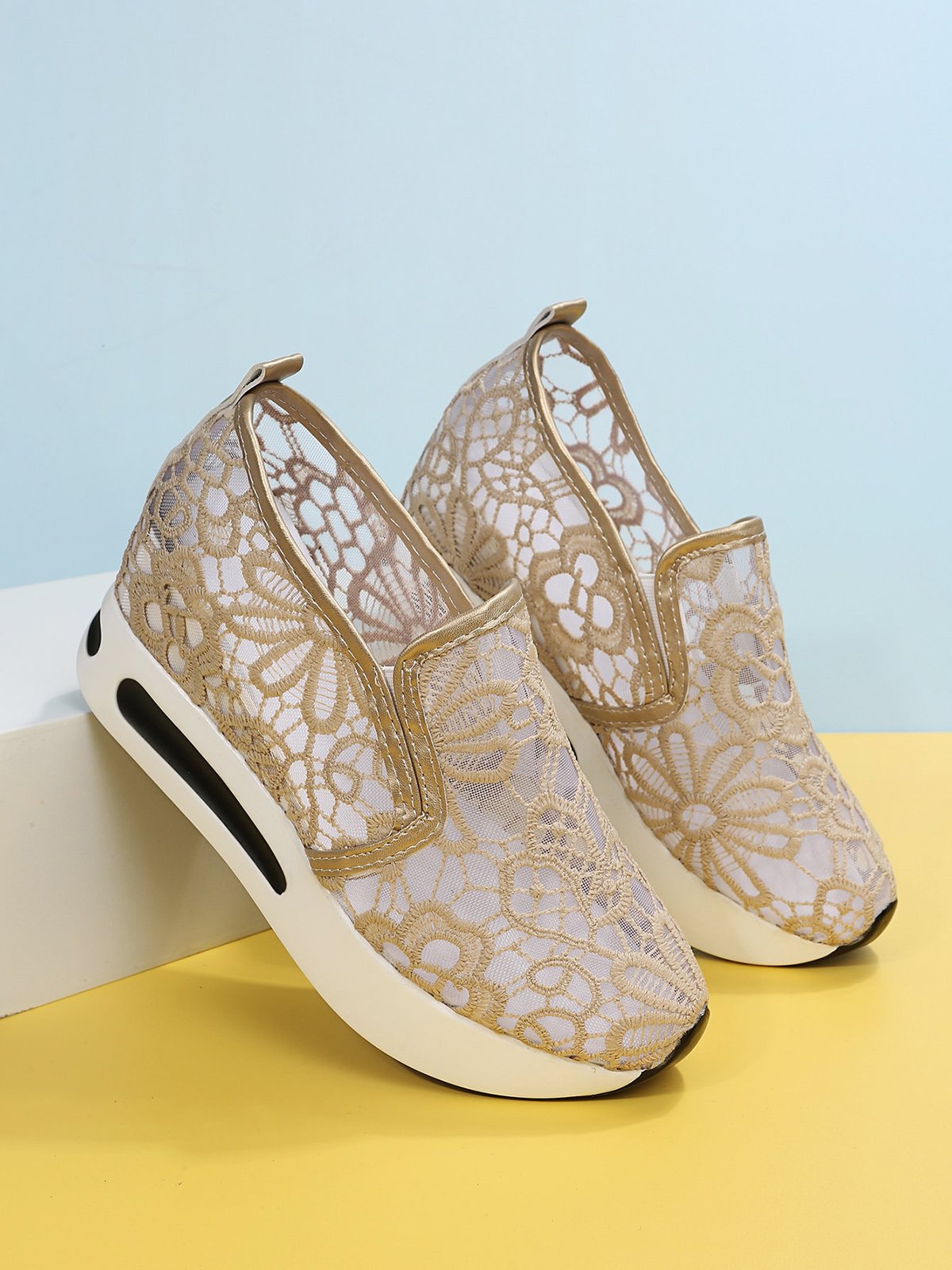 Floral Embroidered Mesh Paneled Slip-On Wedge Sneakers