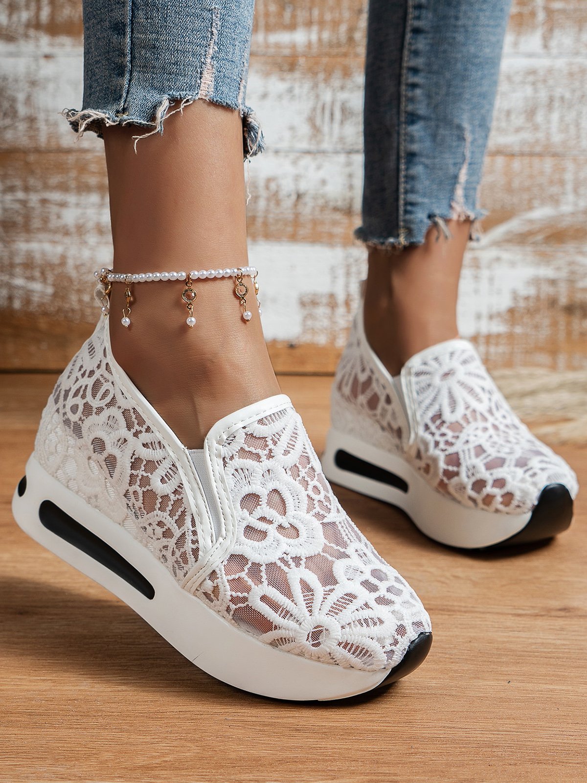 Floral Embroidered Mesh Paneled Slip-On Wedge Sneakers