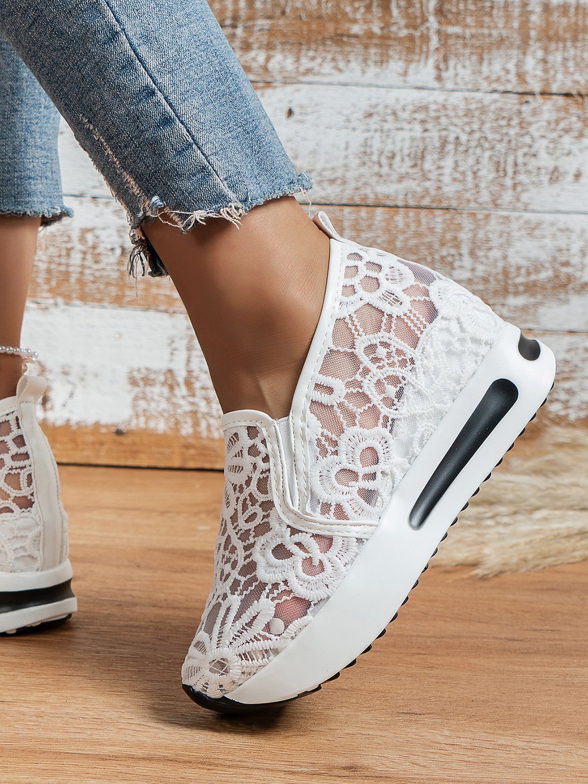 Floral Embroidered Mesh Paneled Slip-On Wedge Sneakers