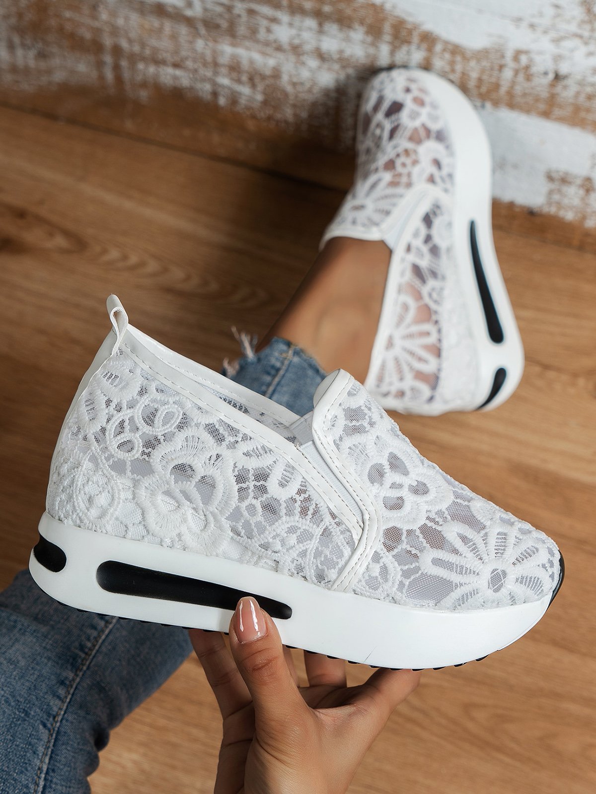 Floral Embroidered Mesh Paneled Slip-On Wedge Sneakers