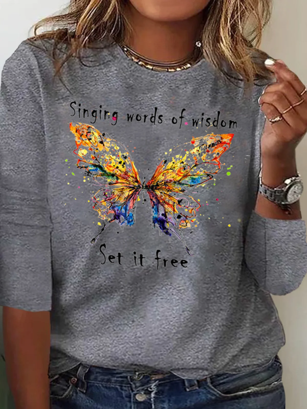 Plus Size Butterfly Long sleeve Loose Casual T-Shirt