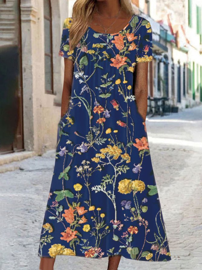 Plus Size Jersey Floral Crew Neck Vacation Dress