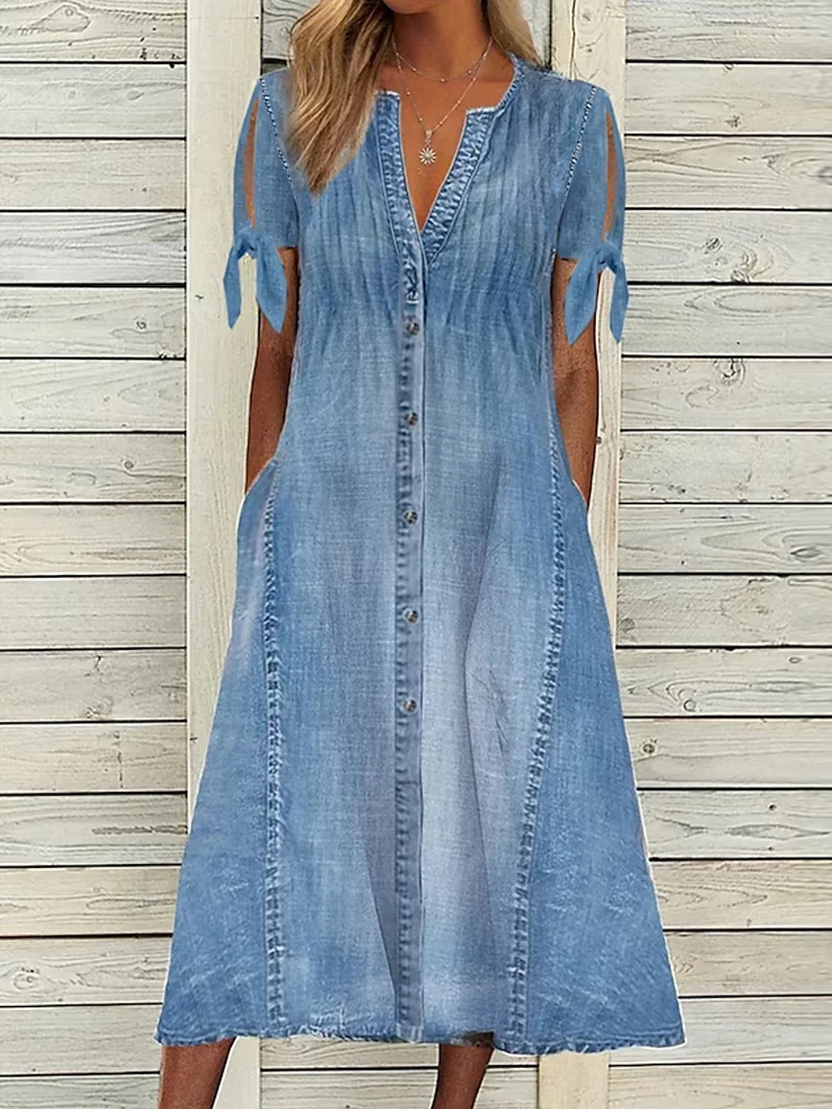 Plain V Neck Casual Denim Dress