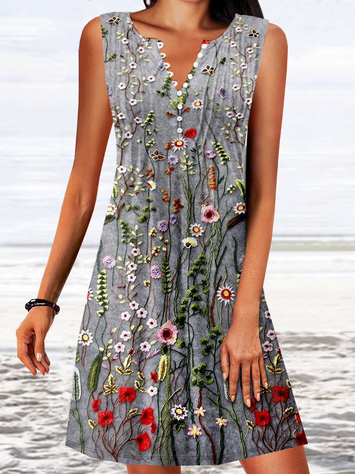 Notched Casual Floral Printed Buckle Dress