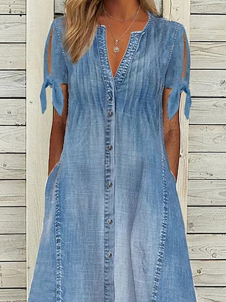 Plain V Neck Casual Denim Dress