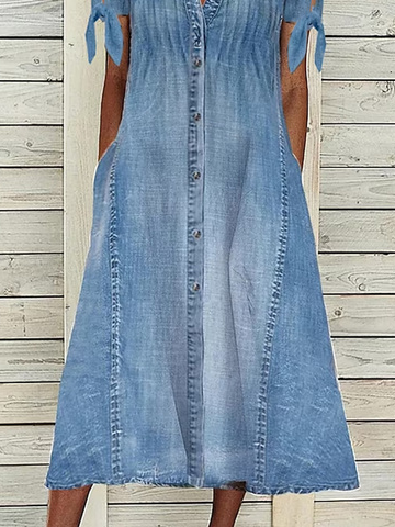 Plain V Neck Casual Denim Dress