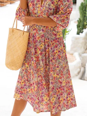 Disty Floral V Neck Loose Vacation Dress