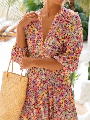 Disty Floral V Neck Loose Vacation Dress