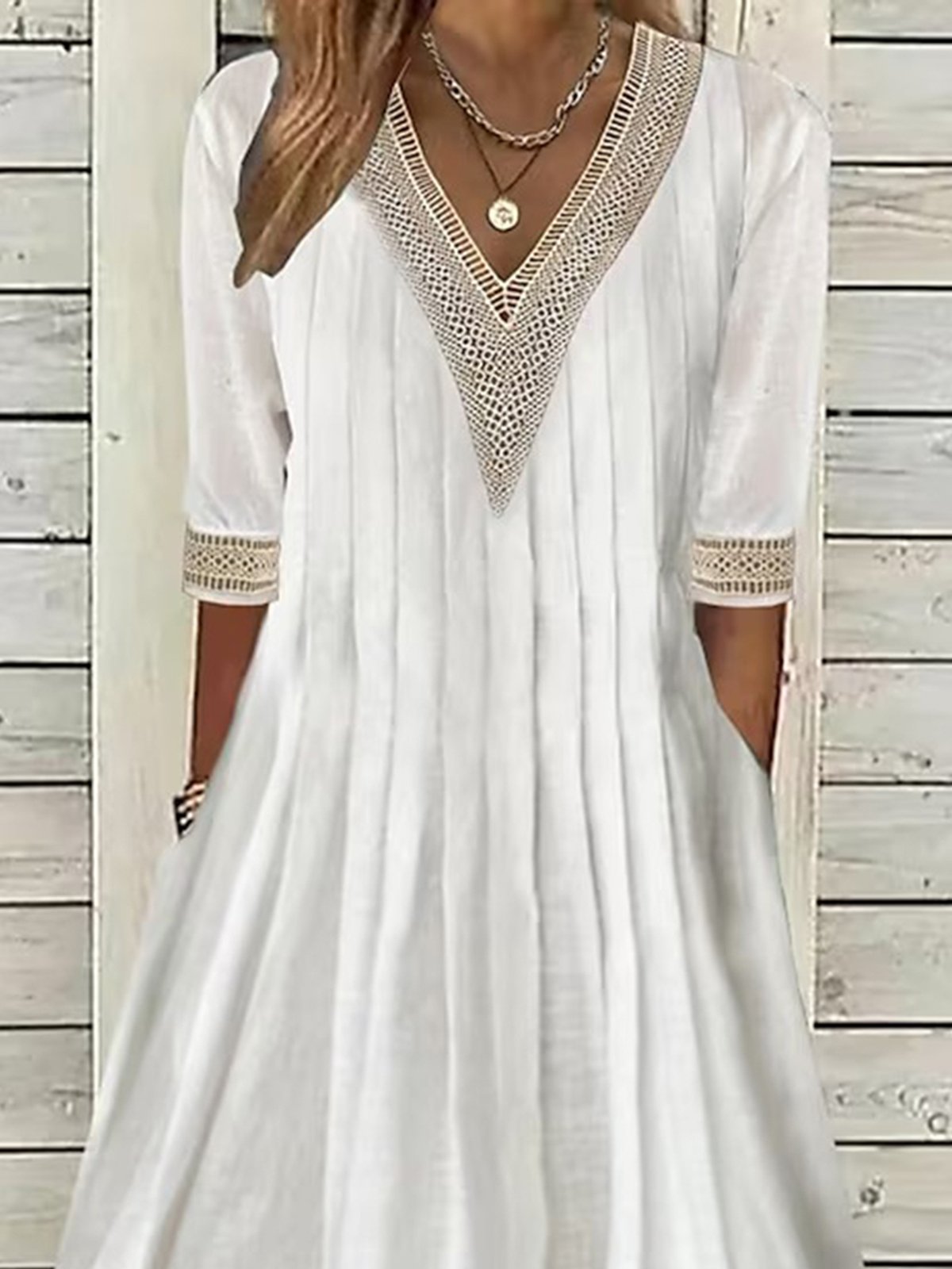 Lace Cotton And Linen Casual Plain Dress