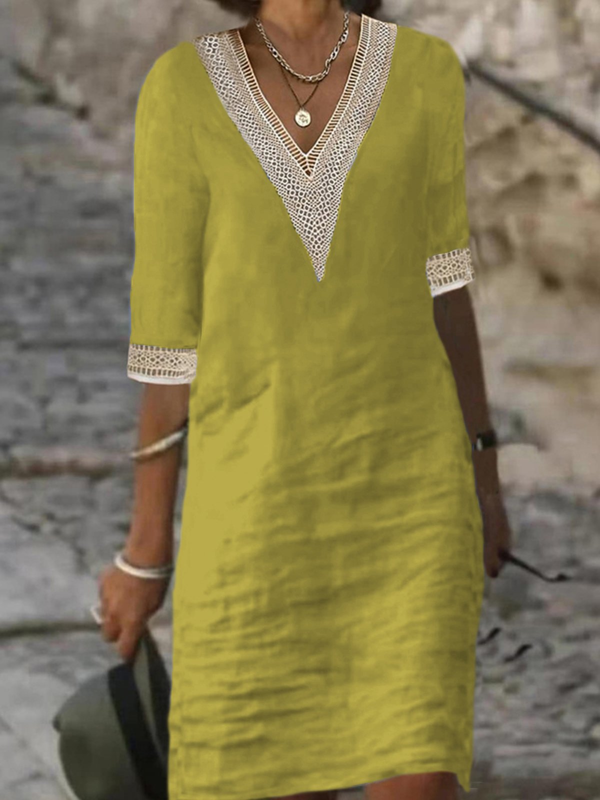 Cotton Crochet Lace V Neckline Design Plain High Waist Half Sleeve Casual Short Dress