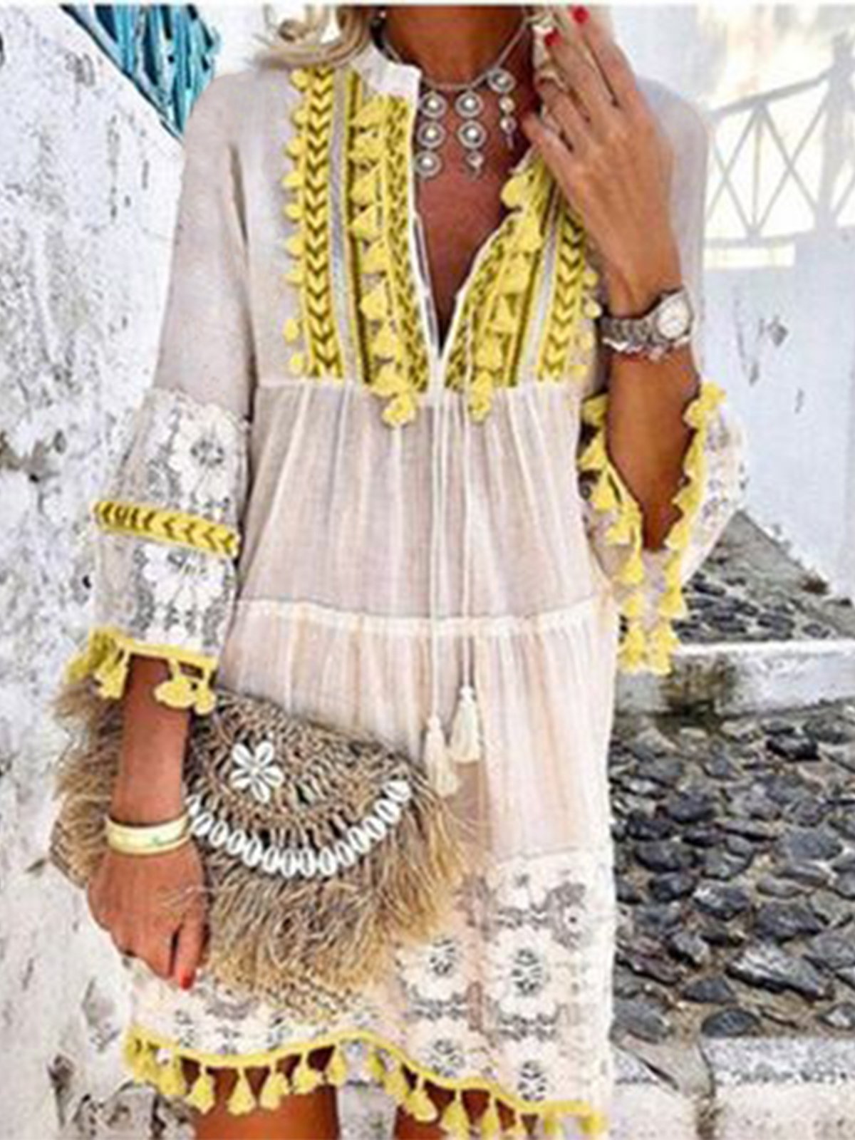 Women 3/4 Sleeve V Neck Holiday Boho Dresses