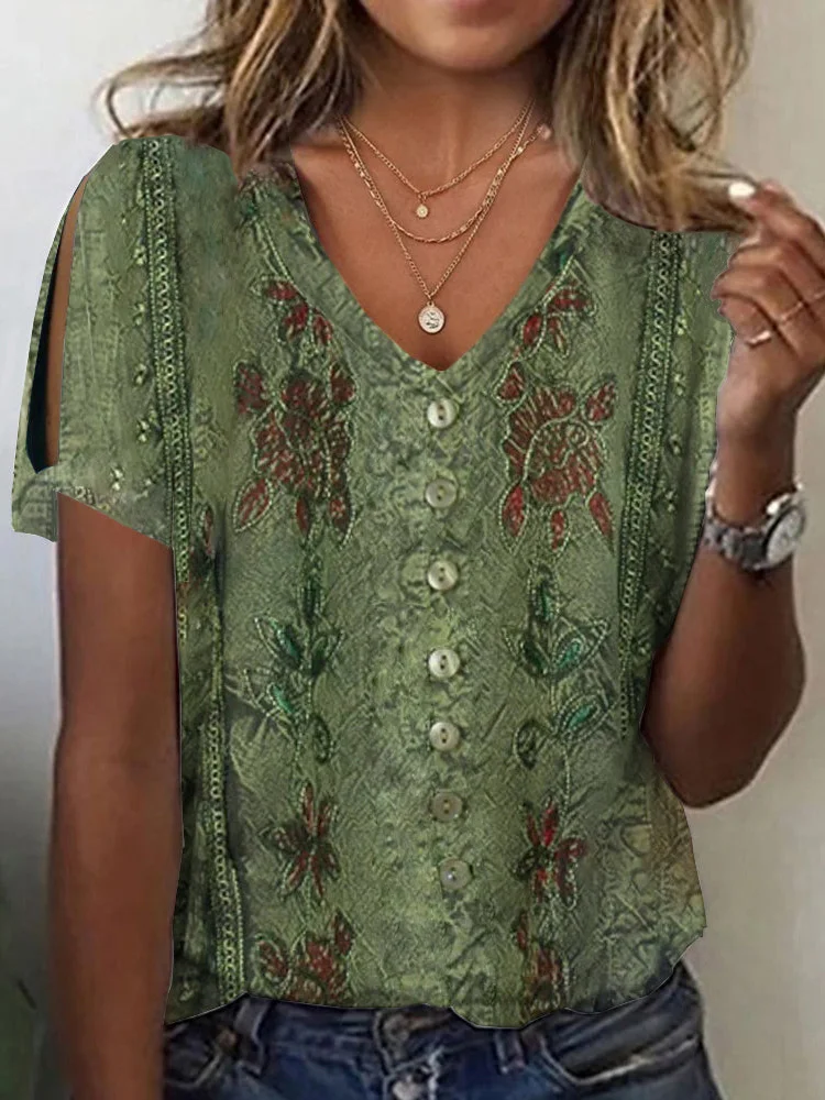 Loose Casual V Neck  Printed Shirt