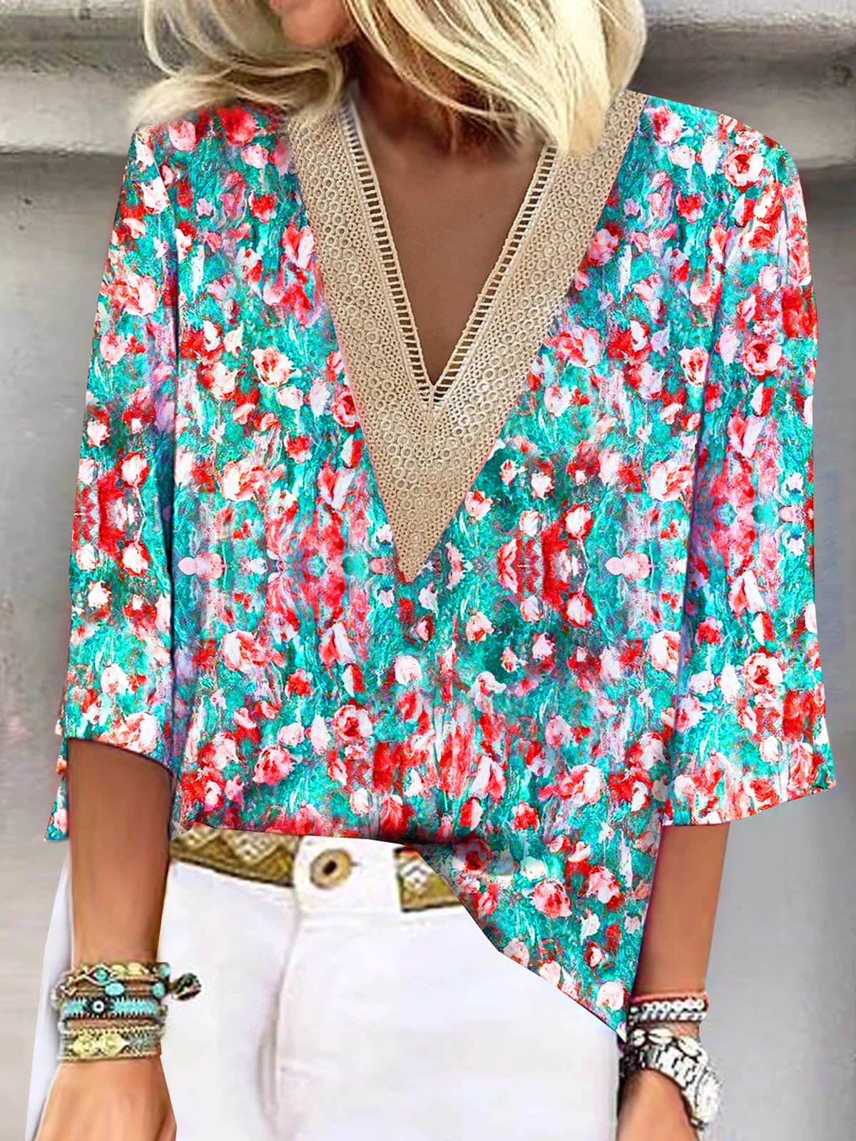 V Neck Casual Random Print Blouses