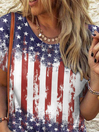 America Flag Casual Crew Neck Independence Day T-Shirt