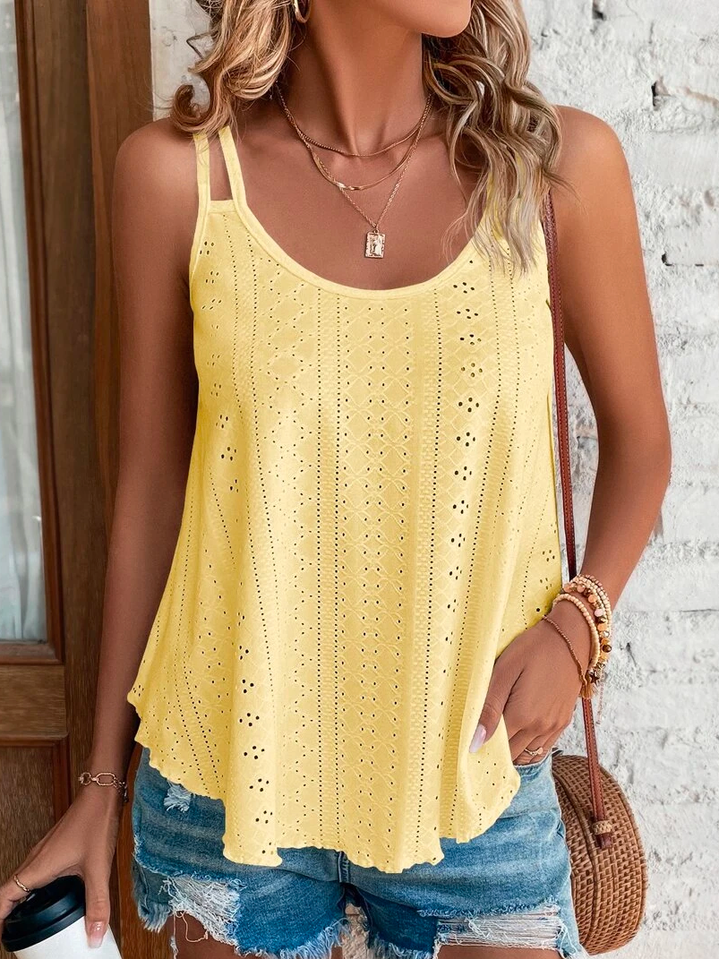 Plain Solid A-Line Tank Casual Eyelet Embroidery Cami