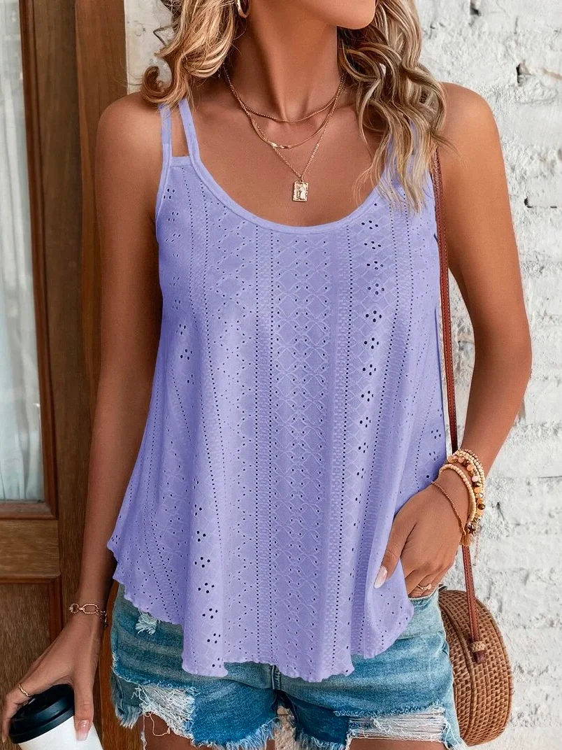 Plain Solid A-Line Tank Casual Eyelet Embroidery Cami