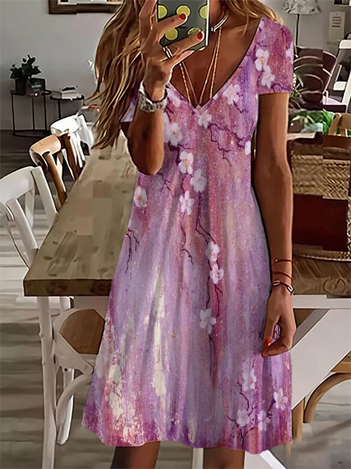 Floral Casual V Neck Short Sleeve Dress