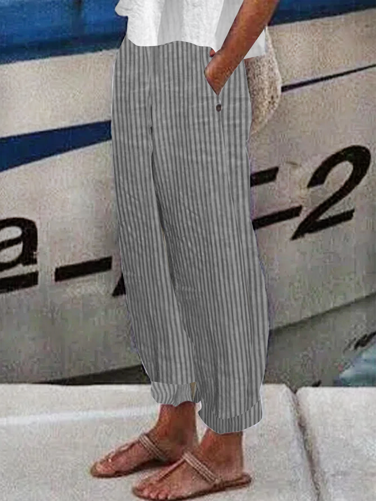 Striped Buttoned Women Classical Geometry Casual Turnip Long Pants