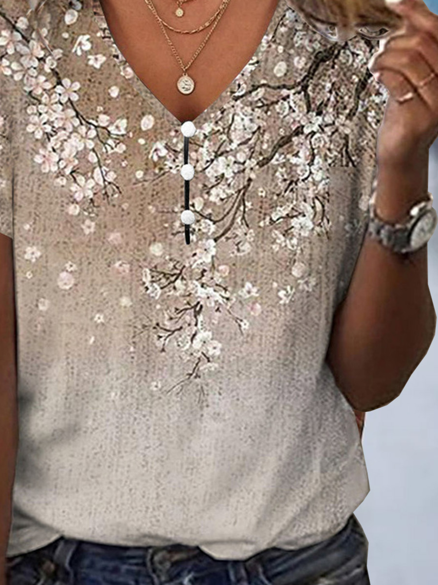 Loose Floral V Neck Casual Shirt