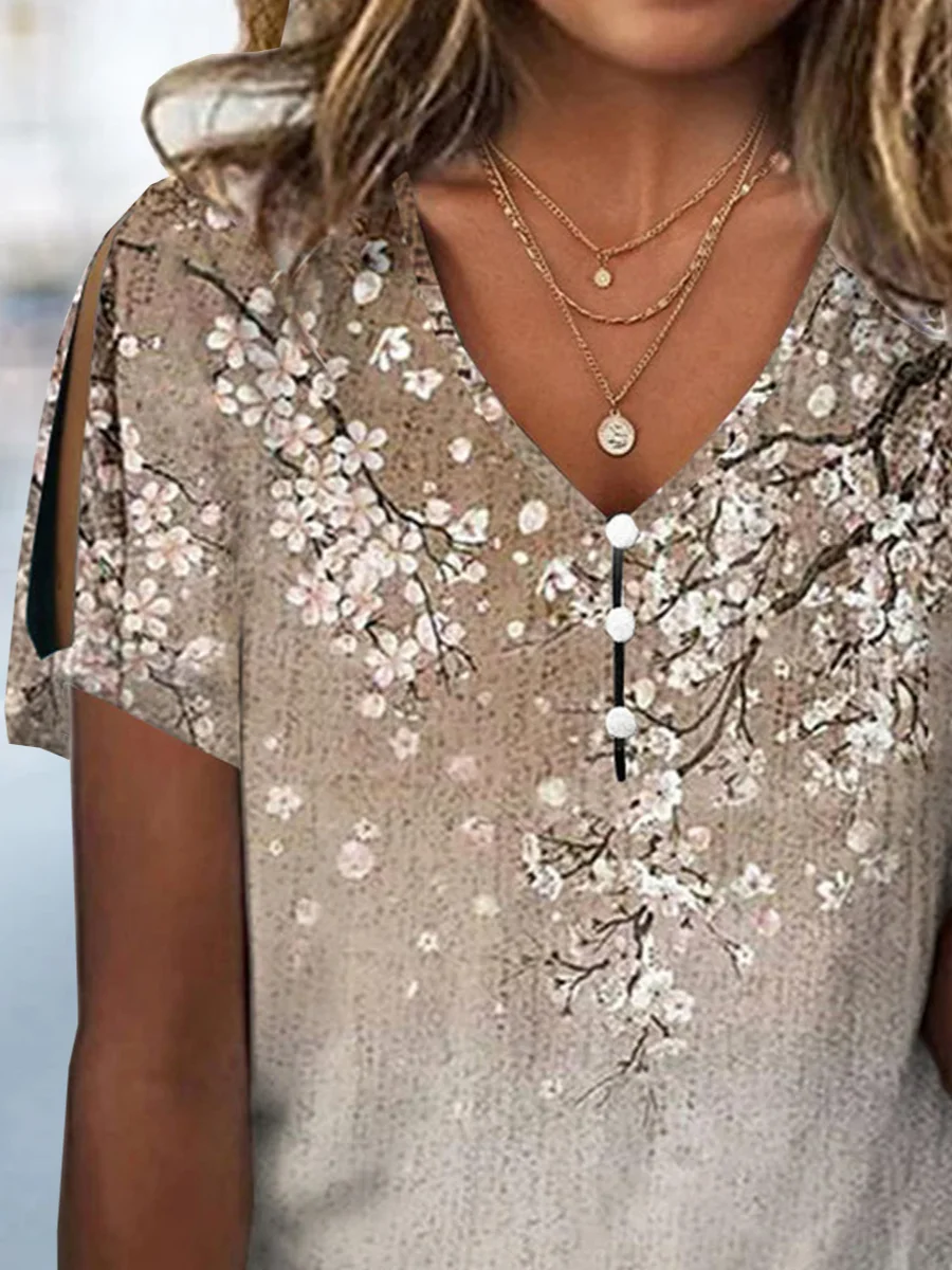 Loose Floral V Neck Casual Shirt