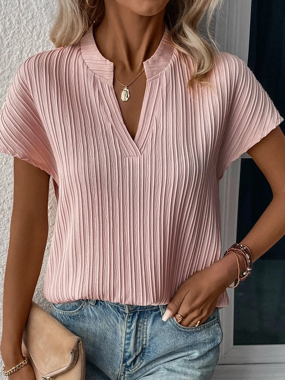 Striped Basic Loose Casual V Neck Plain Short Sleeve Shirt