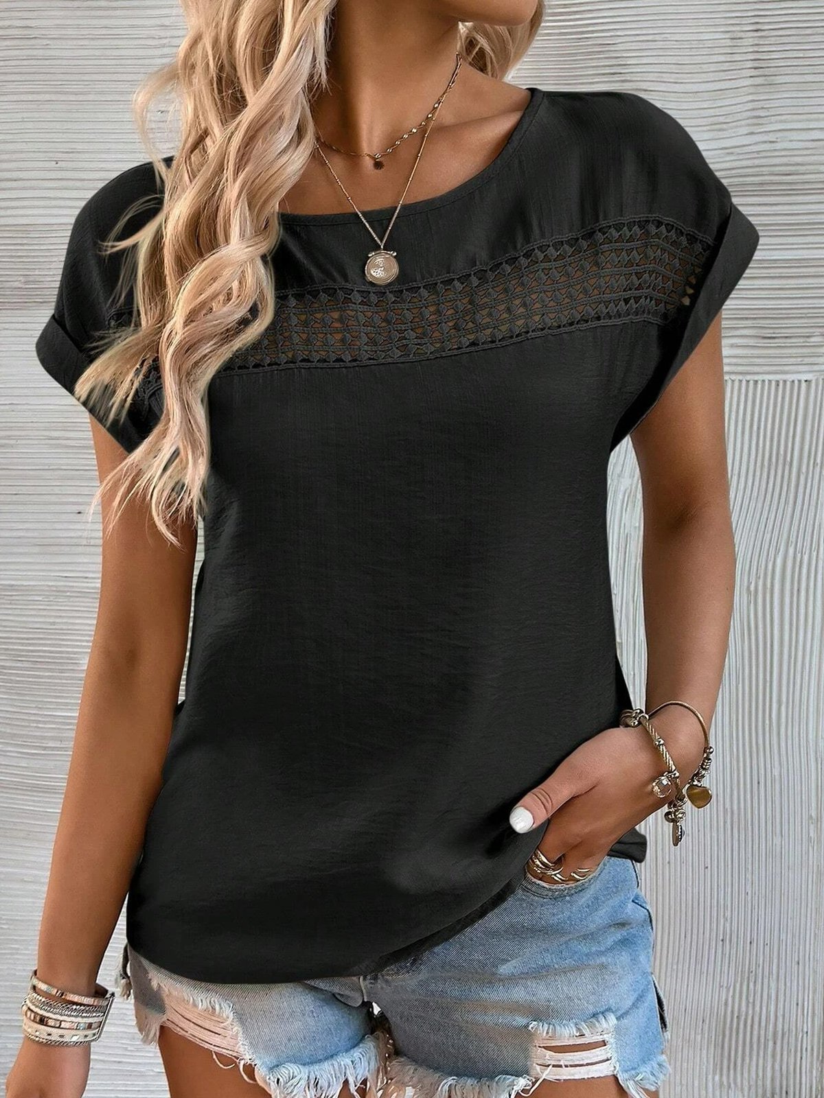 Crew Neck Casual  Lace Shirt