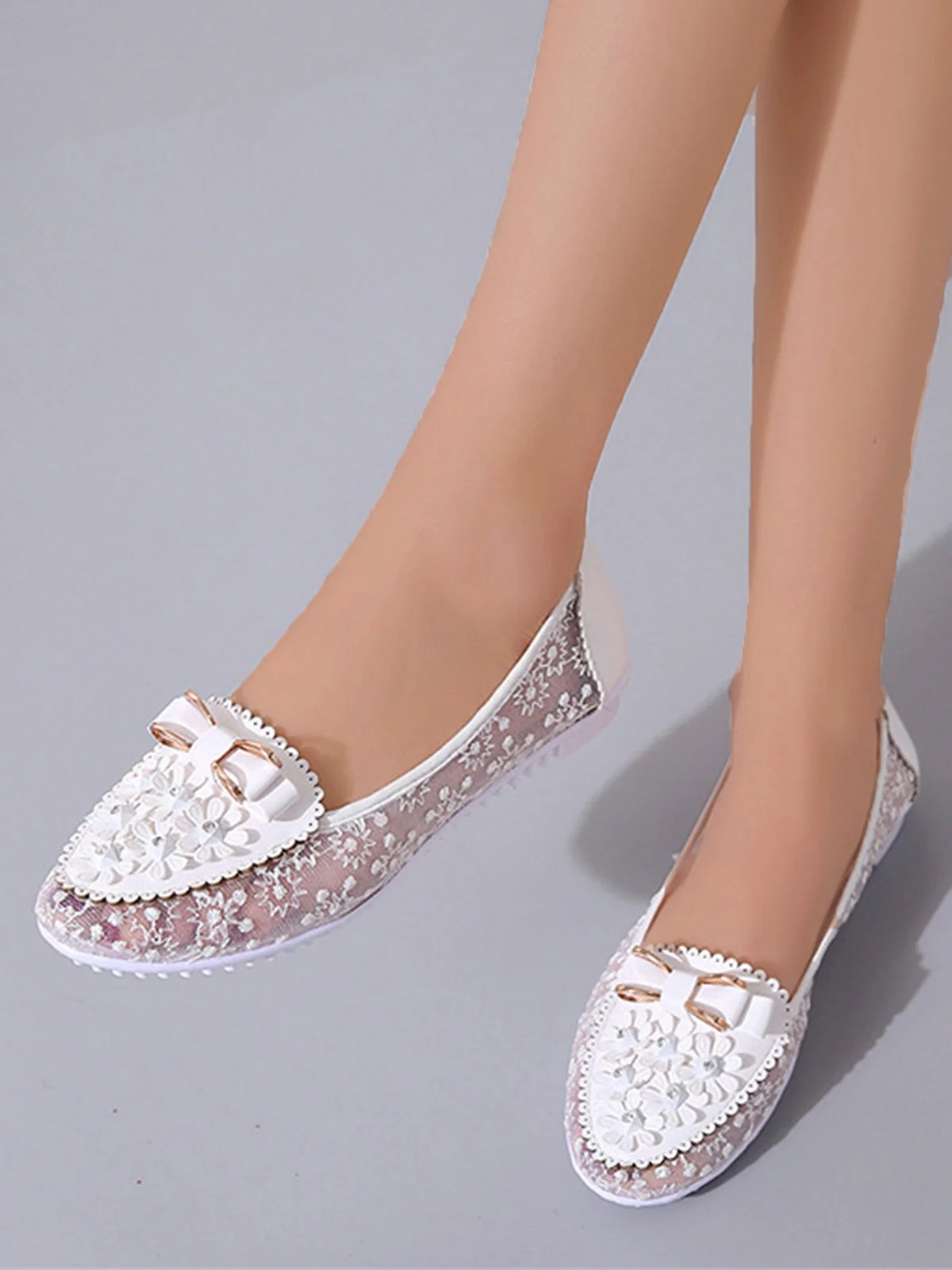 Elegant Applique Bowknot Decor Lace Split Joint Flat Shoes