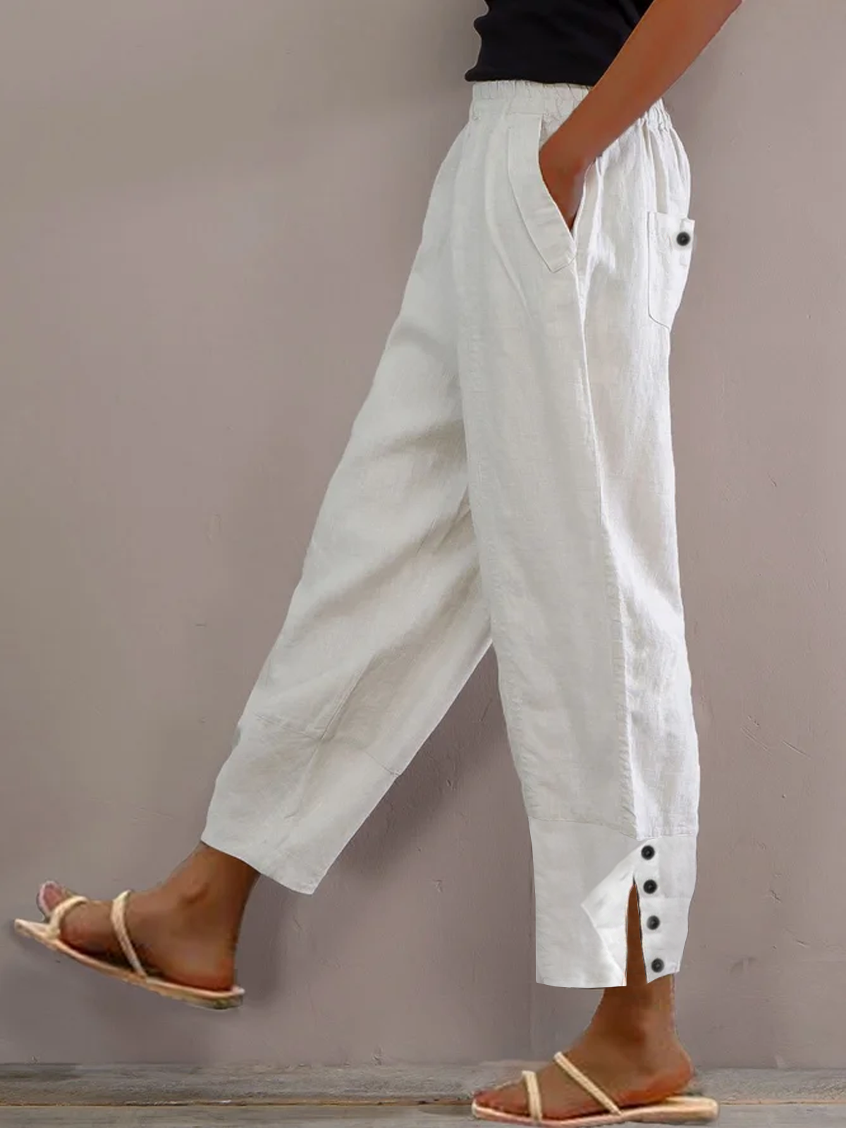 Loose Buttoned Cotton And Linen Linen Pants