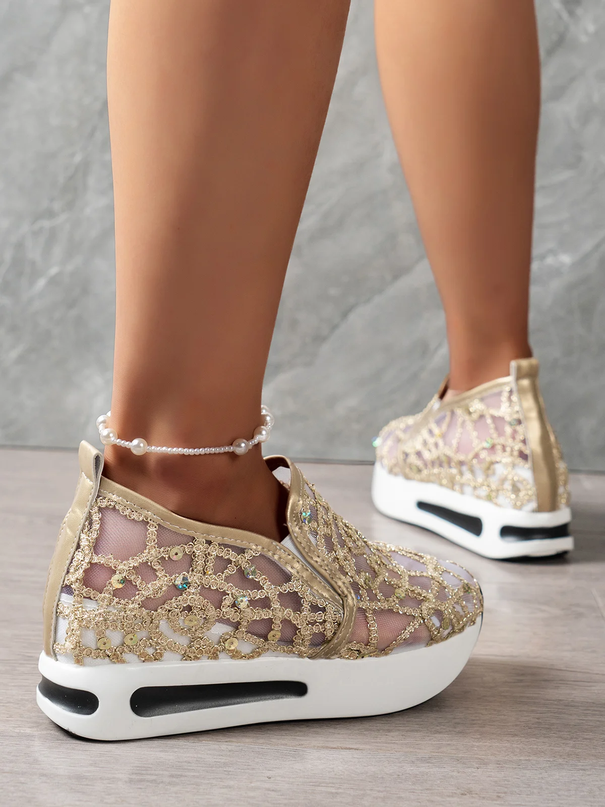 Fashion Sequin Breathable Mesh Slip On Platform Sneakers