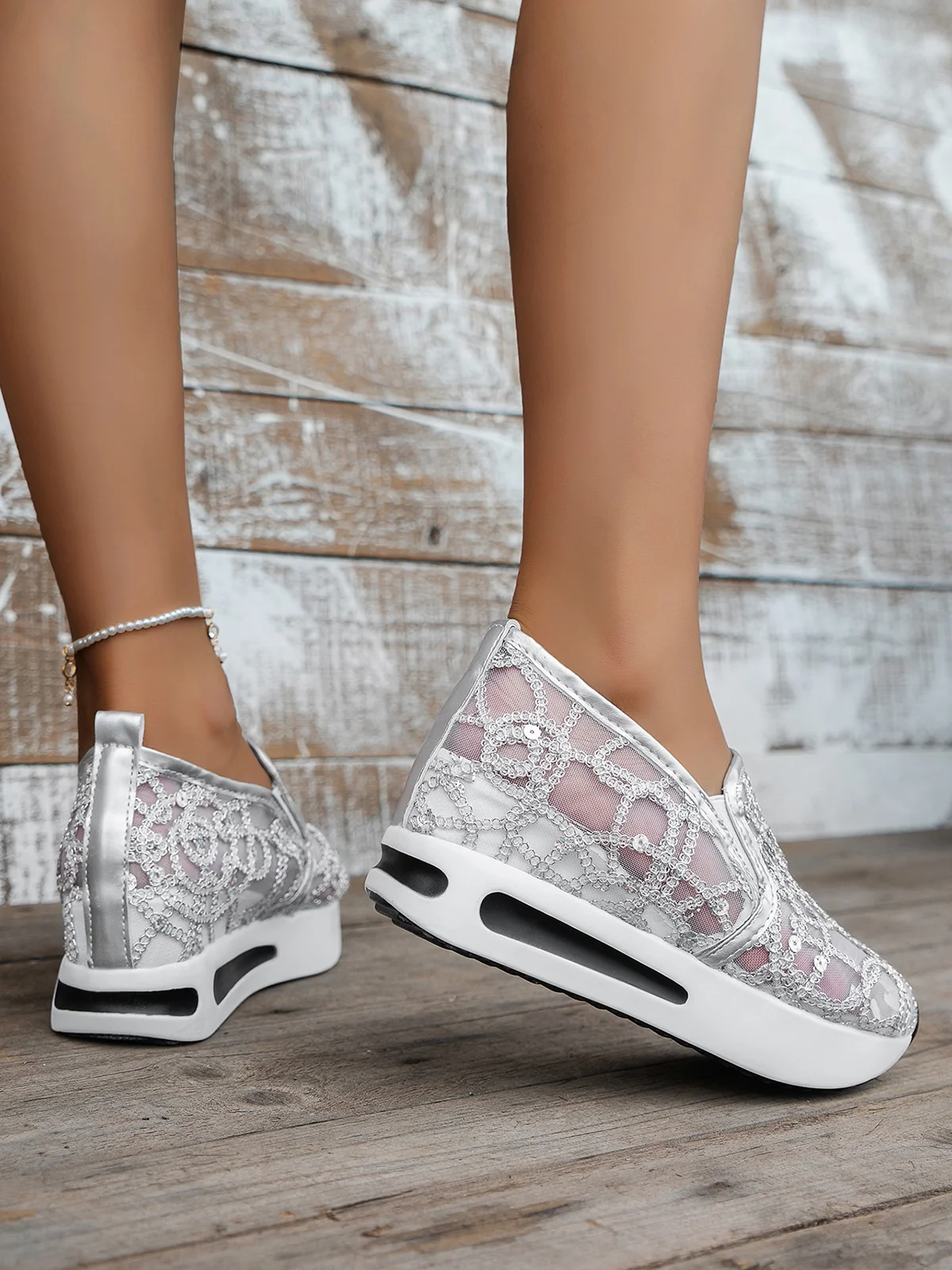 Fashion Sequin Breathable Mesh Slip On Platform Sneakers