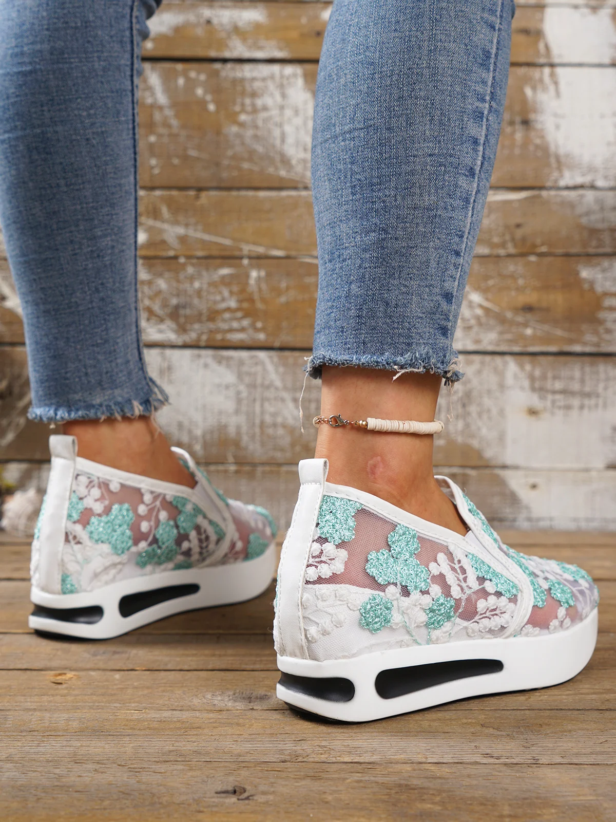 Floral Embroidery Breathable Sheer Mesh Sneakers