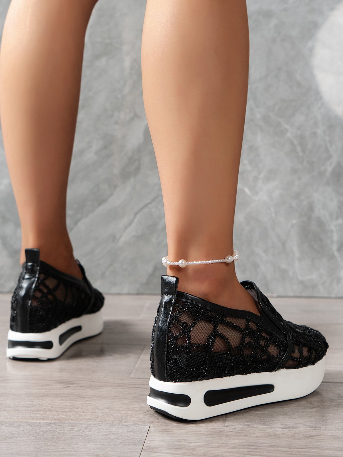 Fashion Sequin Breathable Mesh Slip On Platform Sneakers